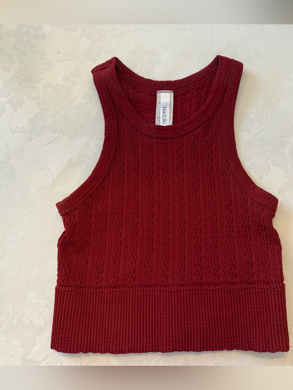NIKIBIKI Crop Top Tank High Neck Cable Knit Burgundy Women’s OS